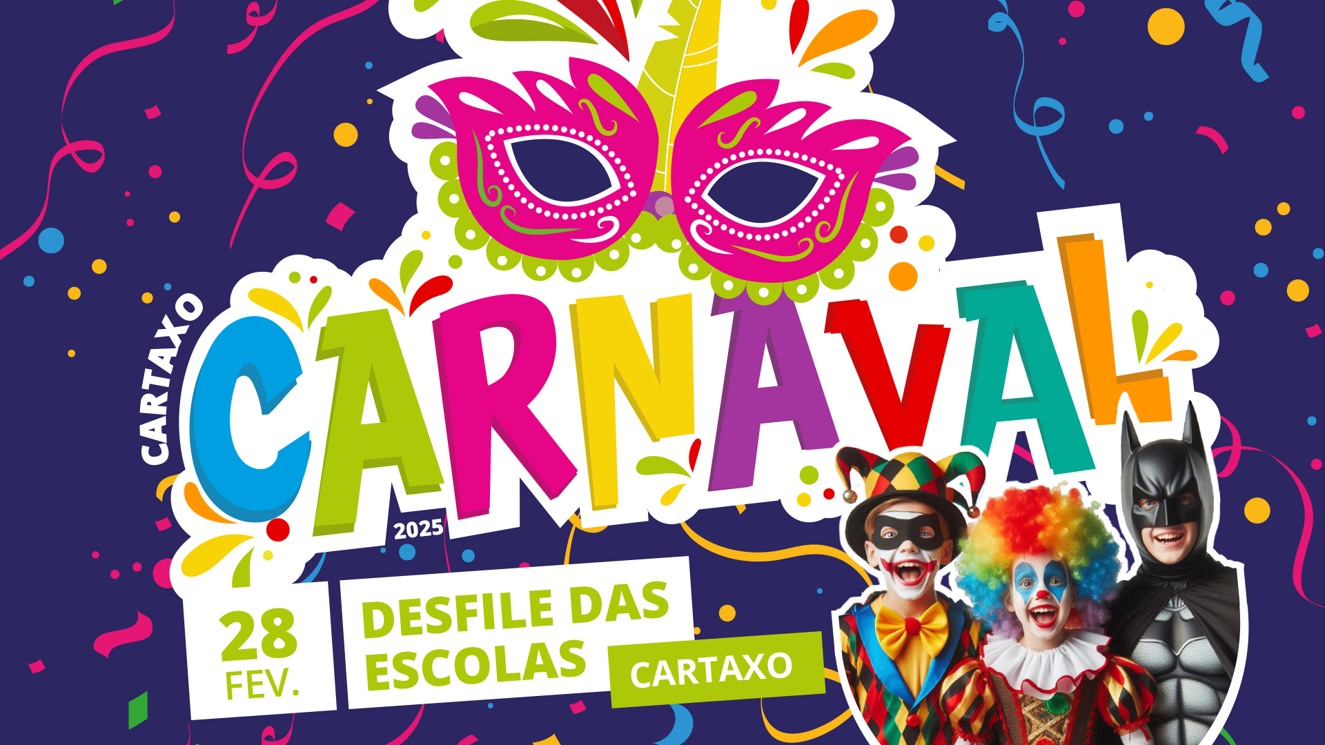 confetis,máscara de carnaval e crianças